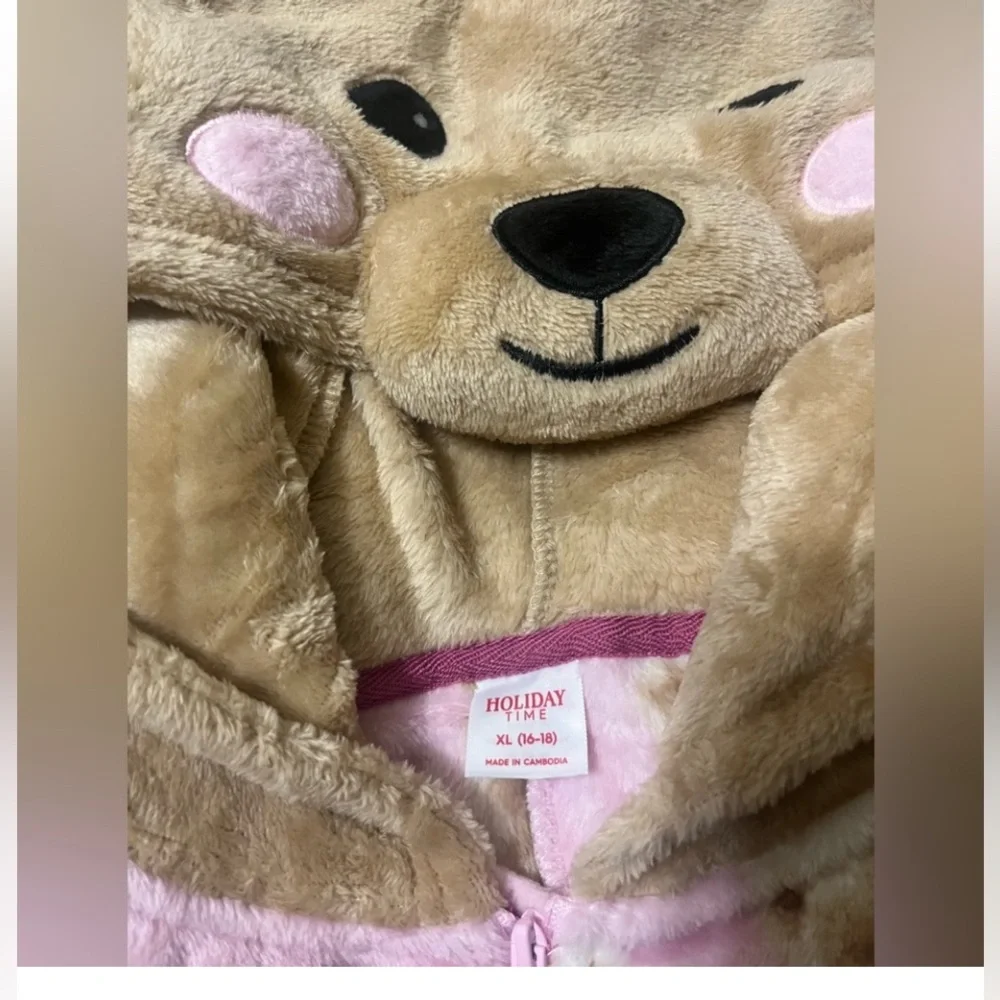 Pink Bear Print Hoodie Pajama Top (XL) - (16/18)
